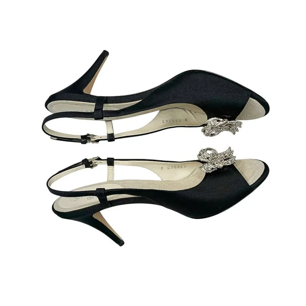 Chanel Slingback Sandal Grosgrain Crystal CC Logo Bow Heels EU 38 Black Peep Toe - Picture 5 of 12